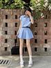 Women's Summer Blue Striped Polo Collar Pleated Shirt Dress with Waist-Cinching Design