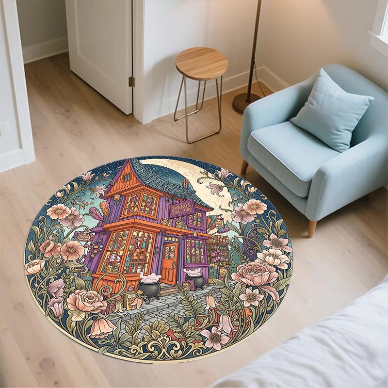 Flower Building,Round Area Rug,Carpet Rug for Living Room Bedroom Sofa Playroom Decor,Non-slip Floor Mat