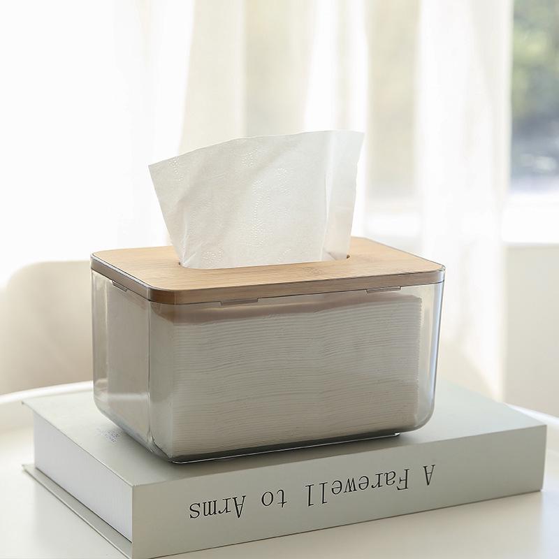 Nordic PET Transparent Tissue Box with Bamboo Lid - Creative Living Room Napkin Holder