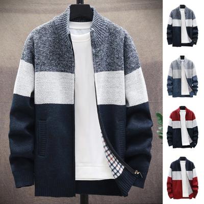 Men Autumn Winter Sweater Coat Stand Collar Thick Plush Color Matching Knitted Elastic Zip-up Long Sleeves Pockets Mid Length Daily Wear Jacket