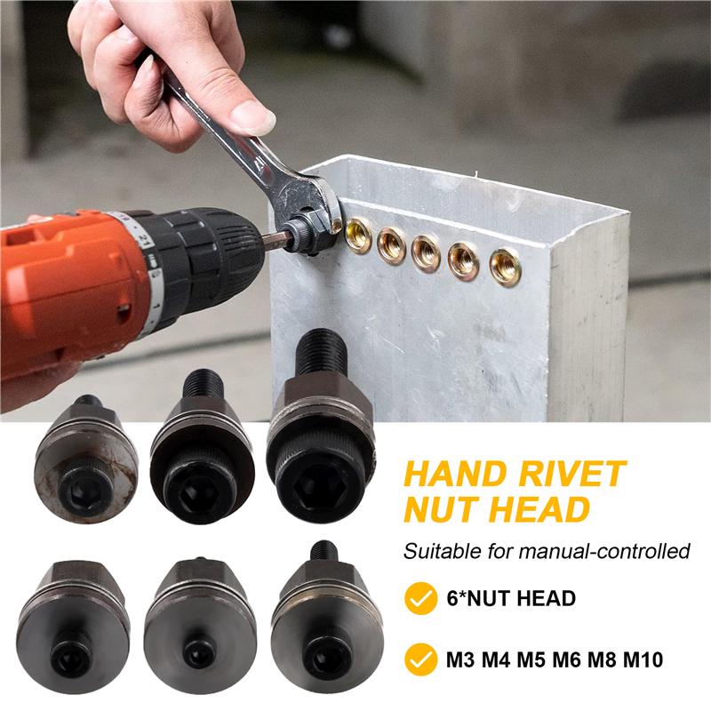 A23I-6Pcs Hand Rivet Tool Steel Head Set Manual Riveter Replace Tip Nut M3/M4/M5/M6/M8/M10 Mandrel Head For Rivet Nut Tool