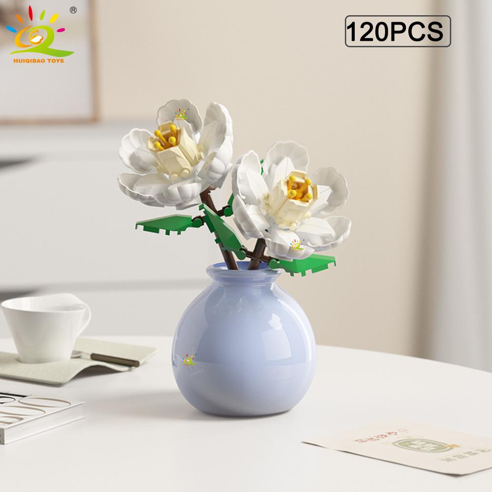 Huiqibao Moc Flower With Vase Model Building Block Diy Eternal Bouquet Home Desk Desk Plant Decor Brick Girl Gift Children Toy