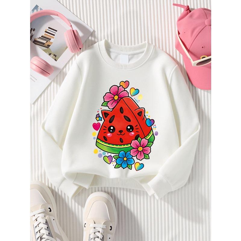 Kids Sweatshirt,Crew Neck Fashion Top, Fun"Cute Watermelon Cat Flower Hearts "patterned Sweatshirt, for Everyday Casual Wear,Casual Daily Sweatshirt
