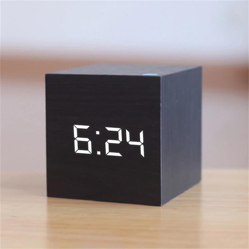 Digital LED Alarm Clock Square Wooden Retro Luminous Clock Desktop Decoration Voice Control Function Desktop Clock2