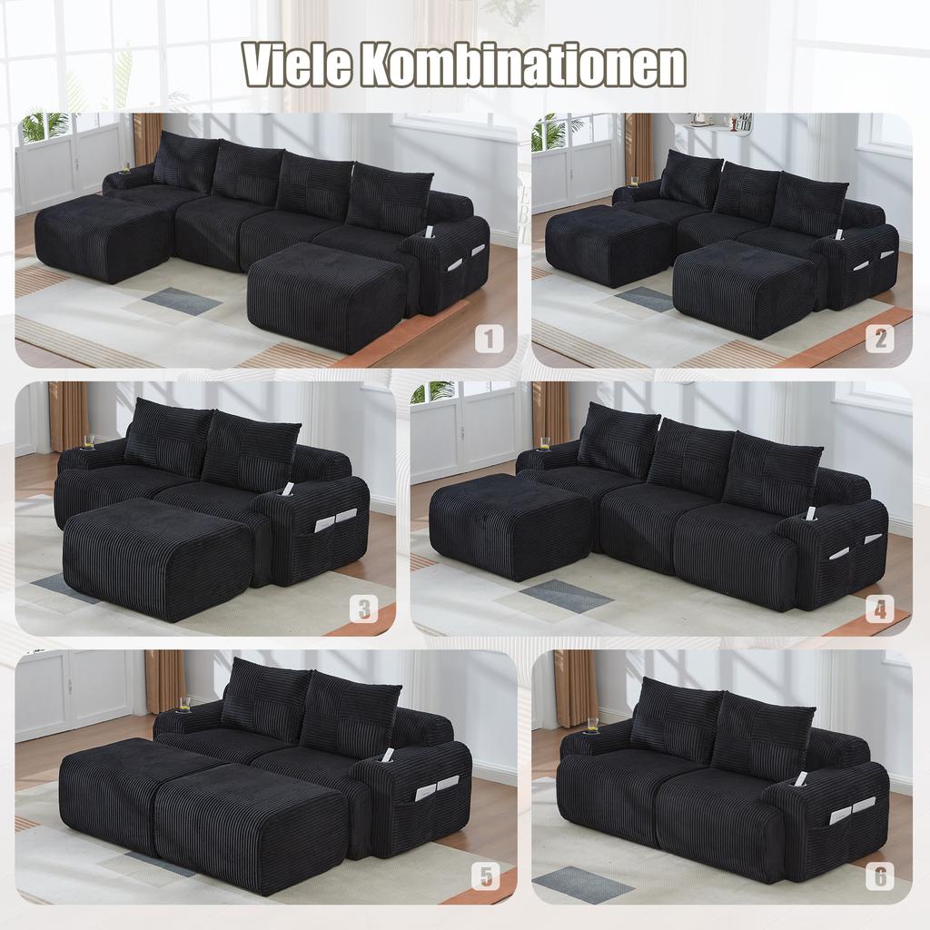 Modular Corduroy Sofa for 2 People (with 2 Stools), Freely Combinable, Including Drink Holder and Side Storage Pocket, Ideal for Living Room. Black