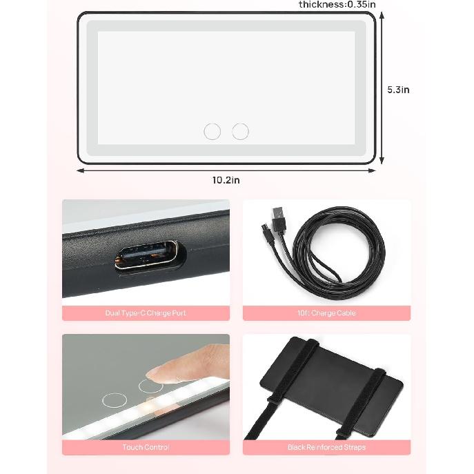 JOYTUTUS Car Sun Visor Vanity Mirror With Lights, 3 Light Modes & 60 LEDs, Rechargeable Dimmable Touch Control Travel Makeup Mirror For Truck SUV