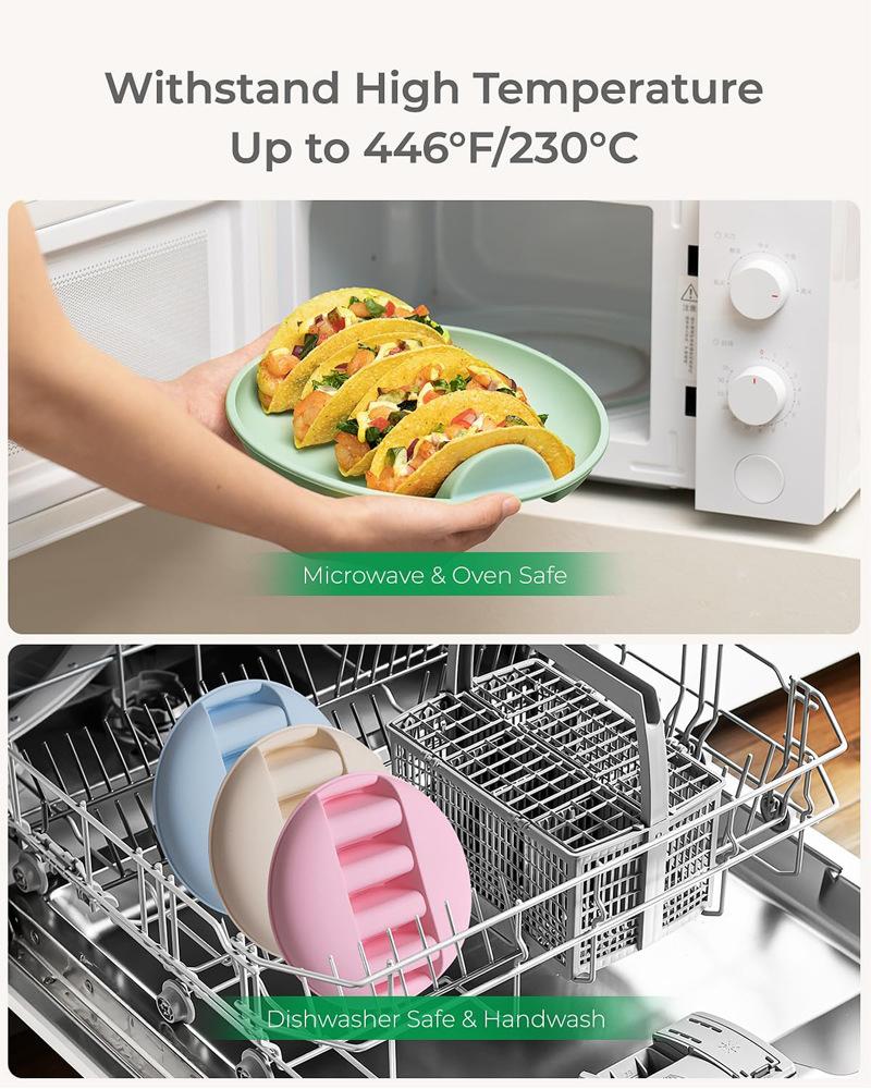 Silicone Taco Serving Tray Set of 2 Multi-Slot Non-Slip Holder for Soft Hard Tacos Dishwasher Safe Kitchen BBQ Versatile Plates
