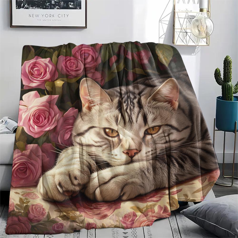 American Shorthair and Roses,pattern Flannel Blanket, High quality Comfortable for All Seasons, Home Decor, Warmth and Comfort, Perfect for Gifts.