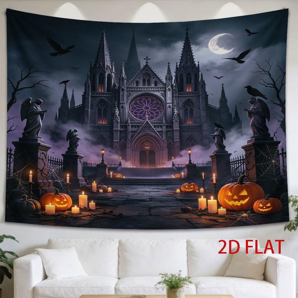 2D Flat - 2D Flat - 1pc 2D Flat Tapestry Gothic Cathedral Under Moonlight with Pumpkins And Ravens, Halloween-Themed Decorative Tapestry