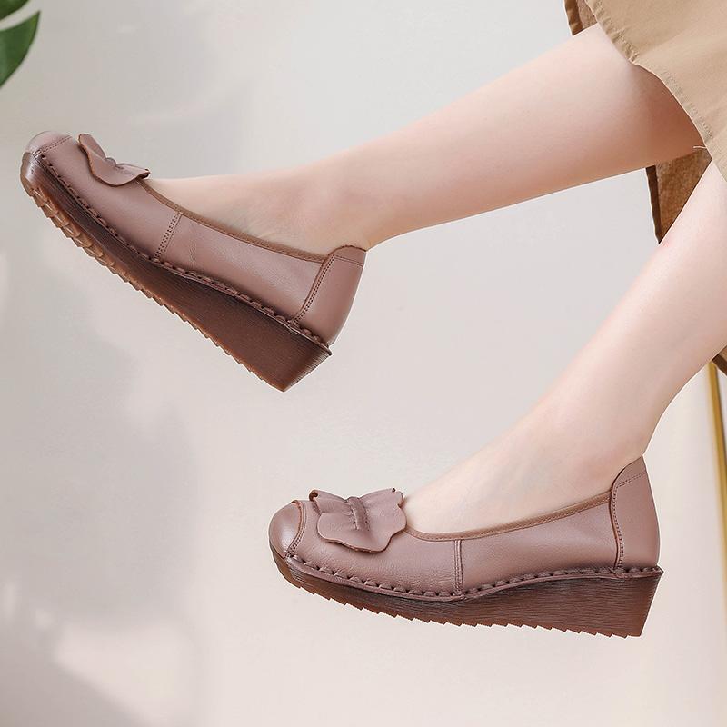 New Red Wedding Wedge Ballet Flats Women'S Luxury Loafers Genuine Leather Moccasins Woman Retro Heel Shoes Female Wedding Flats