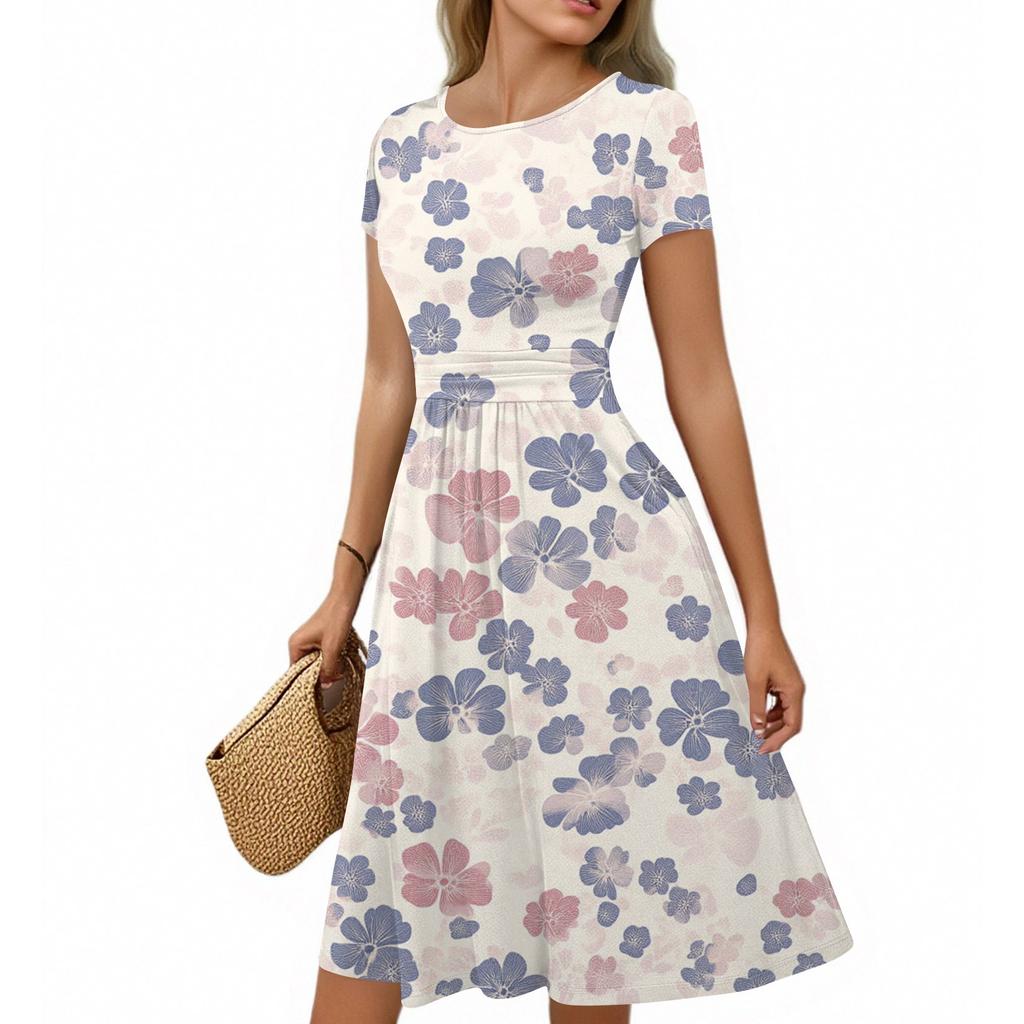 Women's Casual Fashion Round Neck Pleated Short Sleeve Retro Floral A-Line Midi Dress
