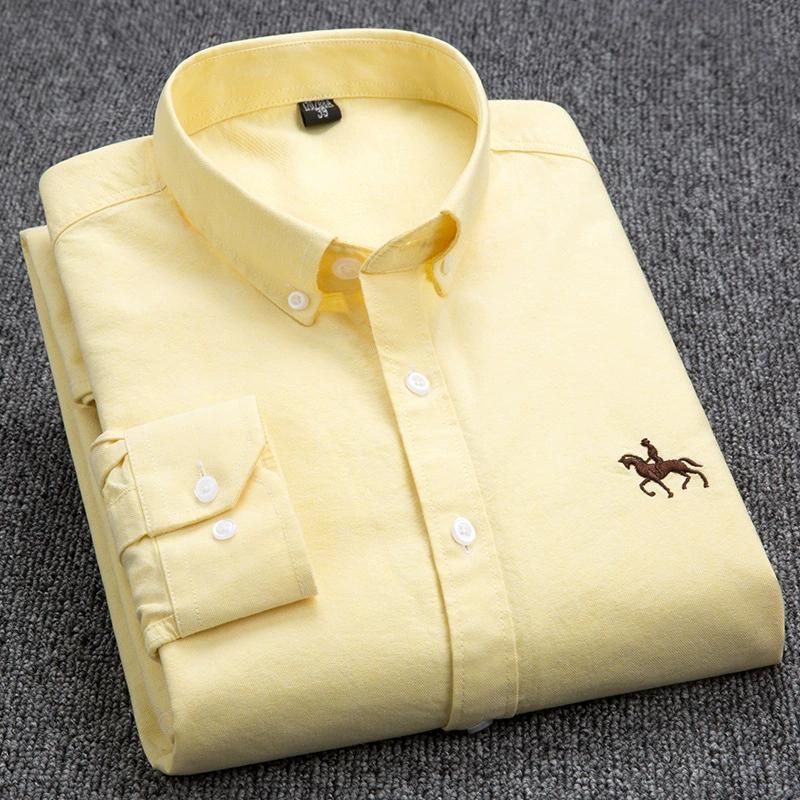 Men's Spring and Autumn Plus Size Lapel Long Sleeve Oxford Spinning Button Embroidery Shirt