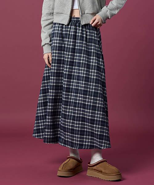 Collet Classic Brushed Thick Check Elastic Long Skirt [Navy_Blue] Autumn/Winter Ver.