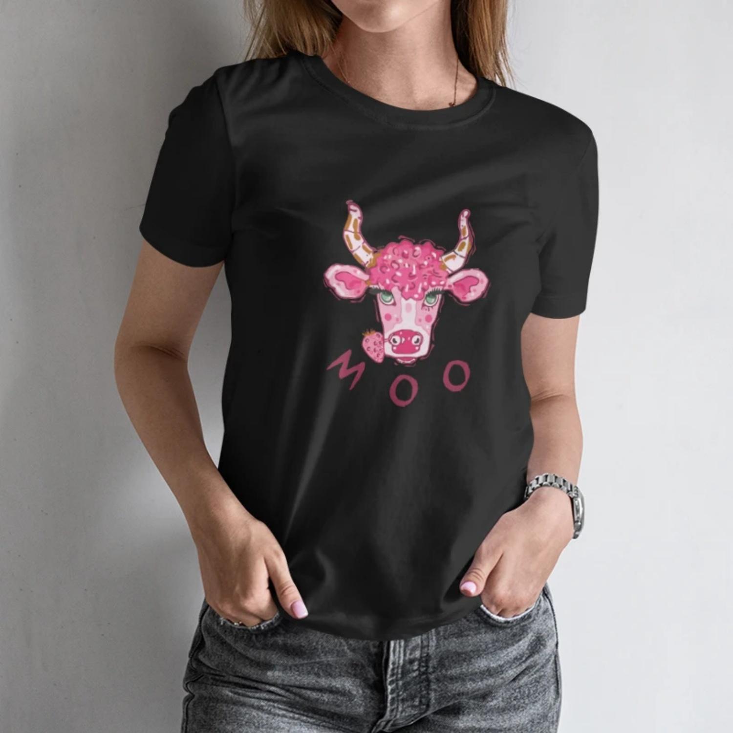 

Playful Women s Short Sleeve T Shirt“MOO” Strawberry topped Cow Print for a Fun Summer Style S чёрный