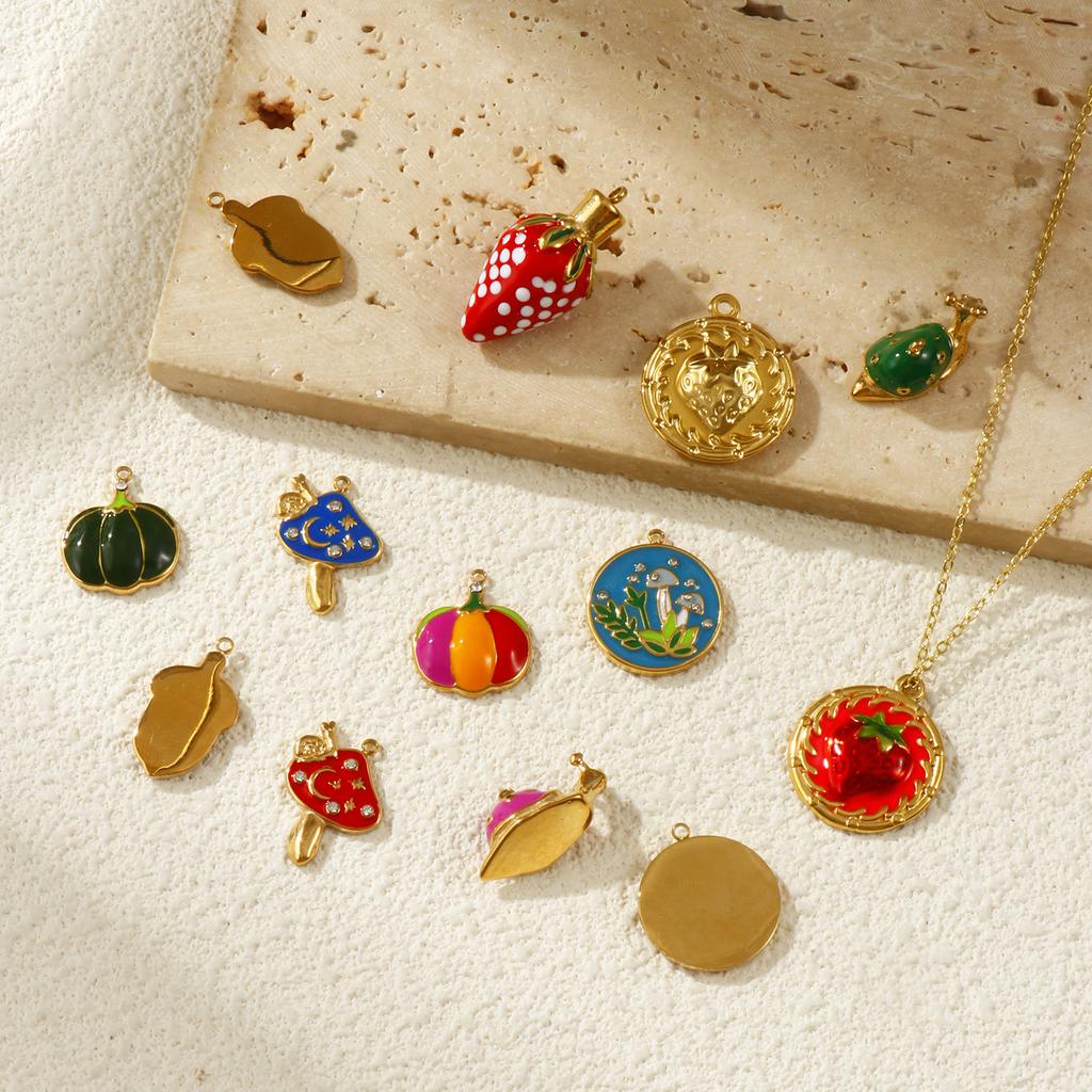 1Piece 304 Stainless Steel Charms 18K Gold Plated Enamel Strawberry Acorn Snail Mushroom Pendant For DIY Necklace Jewelry Making