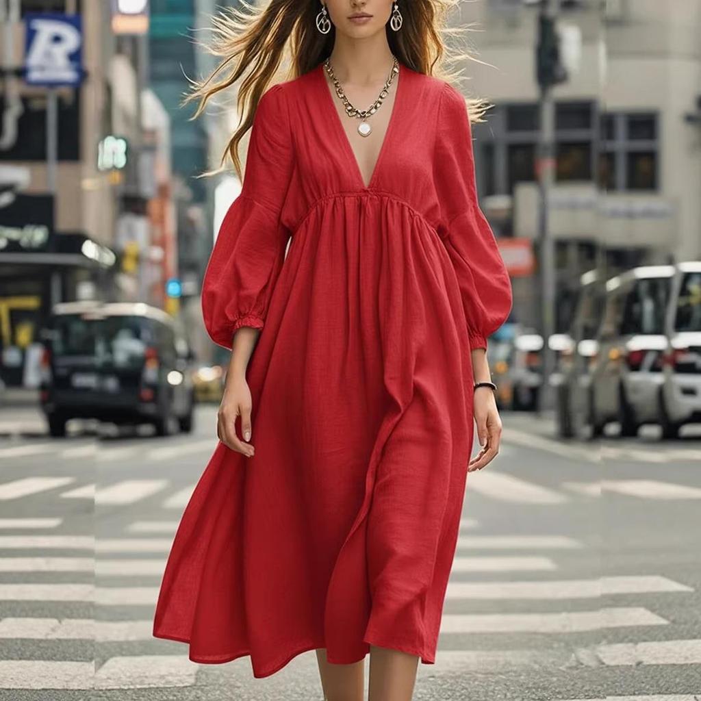 European & American Spring/Summer Women's Casual Lantern Sleeve Maxi Dress