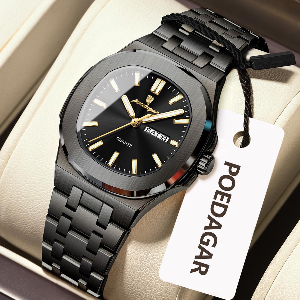 POEDAGAR Square Woman Watch Date Week Waterproof Luminous Ladies Watch Stainless Steel Quartz Fashion Watches Gift