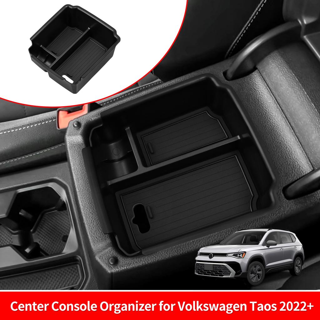 LUCKEASY for Volkswagen Taos 2022-2026 Central Armrest Storage Box ABS Stowing Tidying Car Tray Organizer Accessories Black