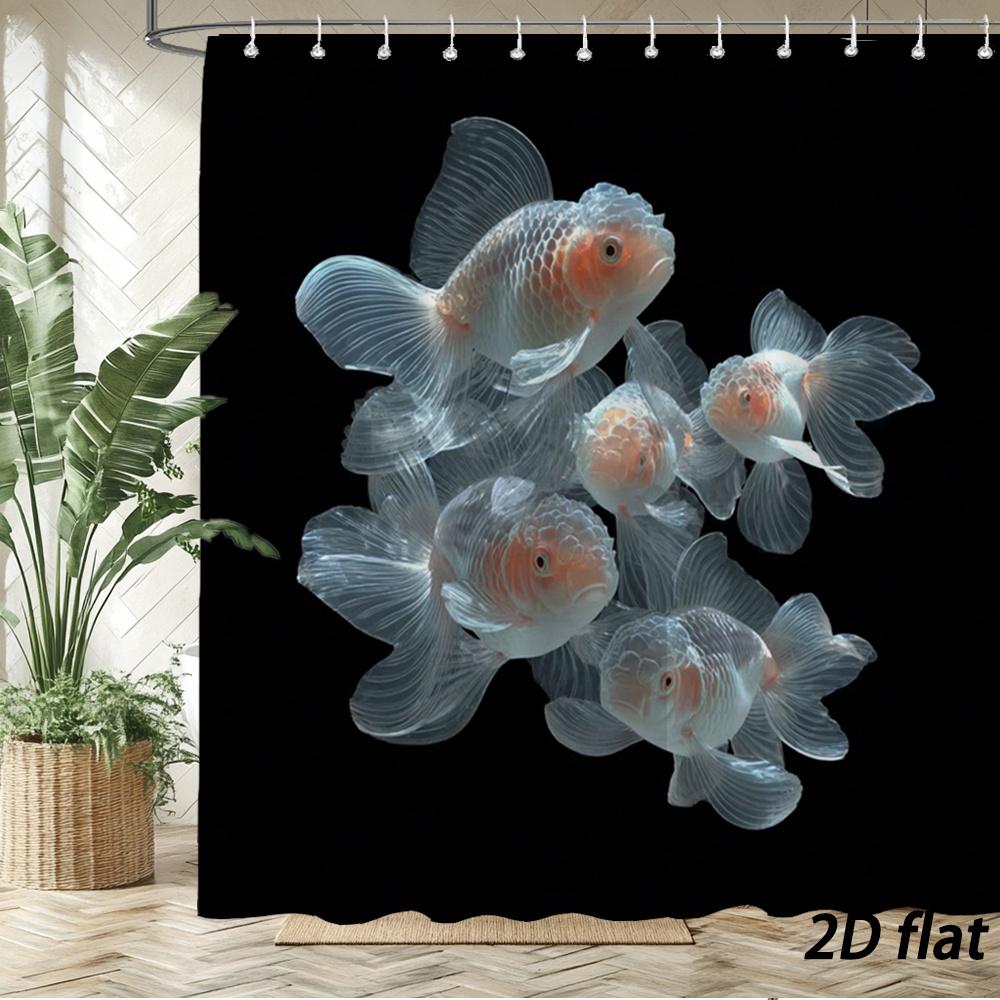 

Goldfish Shower Curtain – 6 Translucent Oranda Fish, Black Background, 2D Flat, 12 Hooks, 70.8×70.8 In, Polyester, W60H190(CM)-1 Pcs