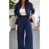 Women's Solid Color Loose Long Sleeve Shirt Elastic Waist Wide Leg Pants Casual Two Piece Outfit Set