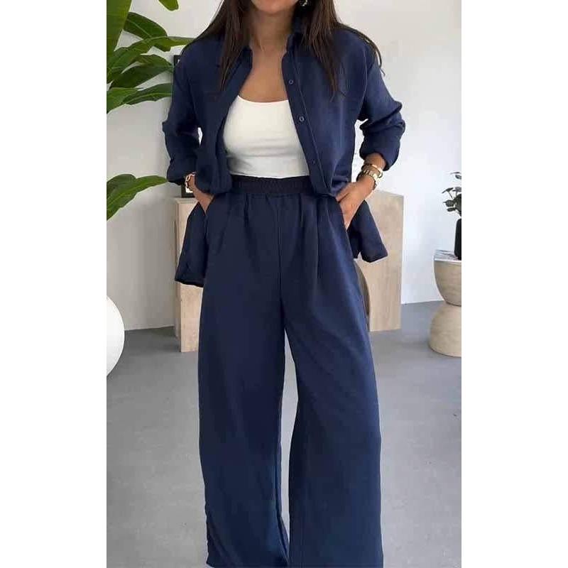 Women's Solid Color Loose Long Sleeve Shirt Elastic Waist Wide Leg Pants Casual Two Piece Outfit Set