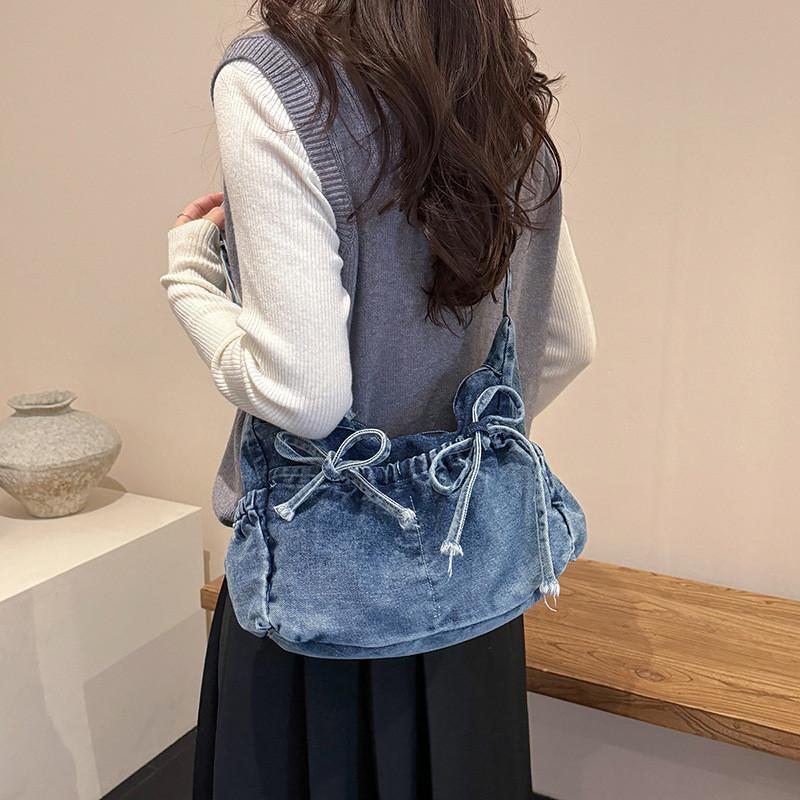 IELGY Retro All-Match One-Shoulder Messenger Washed Denim Bag Casual Bucket Bag Fresh