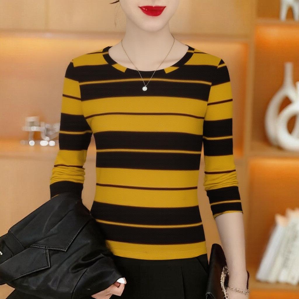 

Stylish Striped Long Sleeve Women s T-shirt: Elegant Round Neck Fashion Top for Middle-Aged and Elderly Moms Large (L)