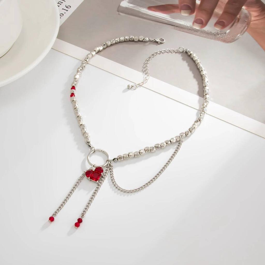 Salircon Gothic Red Love Heart Acrylic Rhinestone Pendent Neckalce Women Trendy Handmade CCB Beaded Tassel Chain Choker Jewelry