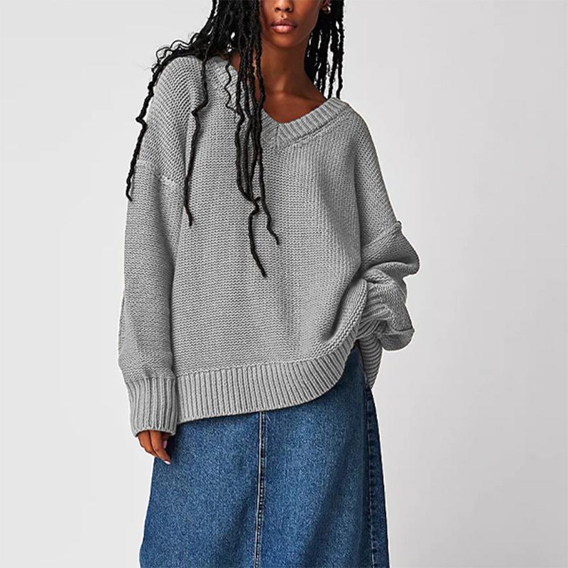 Oversized V-Neck Sweater - Western Style Pullover Knit