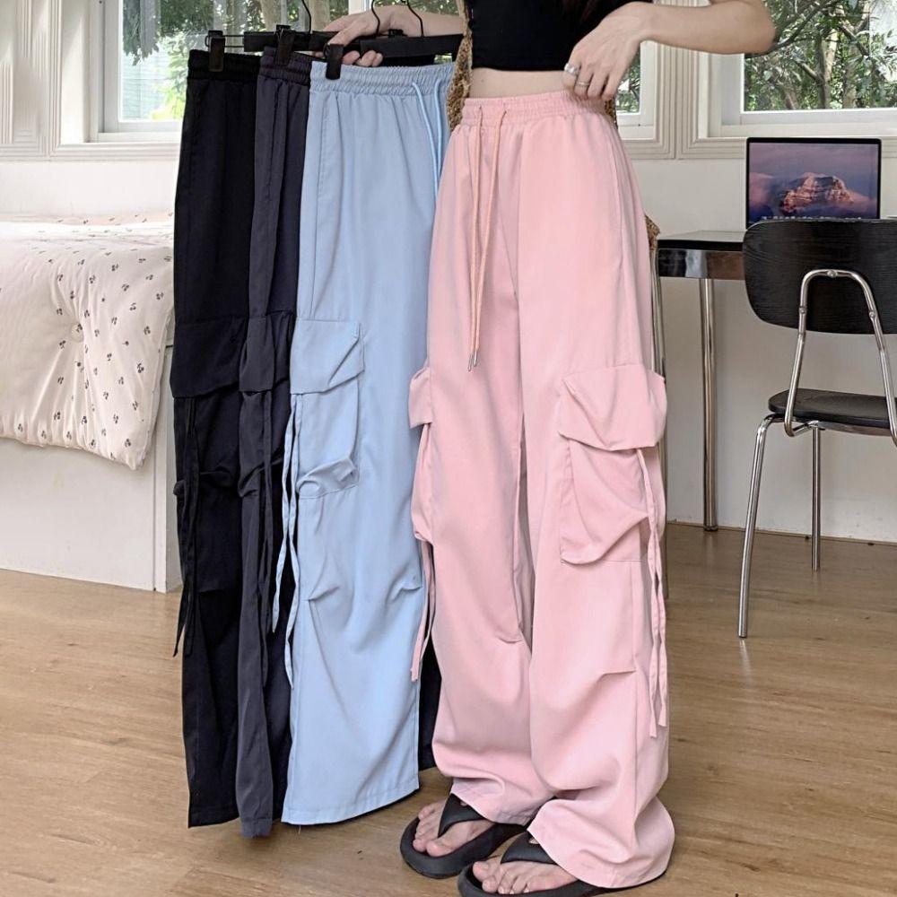 Drawstring Wide Leg Sweatpants Multi-pockets Women Joggers Trousers Baggy Cargo Pants  Sports