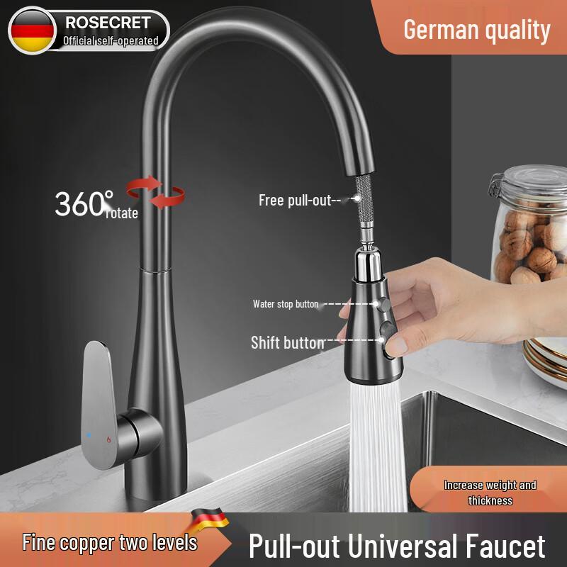 Rosecret German All-Copper Pull-Out Kitchen Faucet 20-Year Warranty with 80cm Inlet Pipes