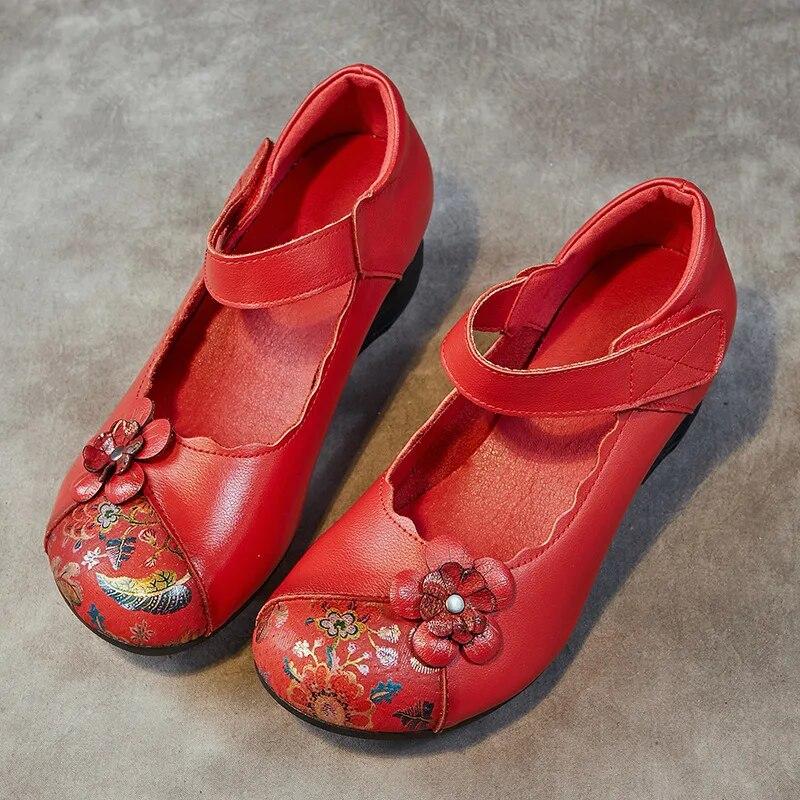 

Johnature/женская обувь из натуральной кожи с принтом в этническом стиле, туфли-лодочки в стиле ретро с круглым носком, на толстом каблуке и на мягкой подошве 39 красный