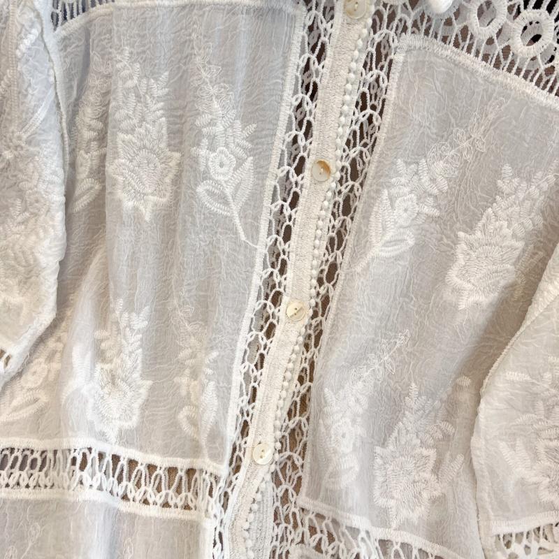 DIMANAF 2025 New Summer Buttons Shirt Women Lace Blouse Embroidery Short Sleeve Fashion Tops Tees Casual Loose Tees