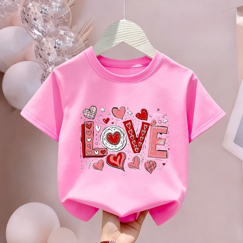 Kids Crewneck Short Sleeve Tee, Happy Valentine's Day Heart Letter Cartoon Print, Breathable Cool Spring Summer Casual Top