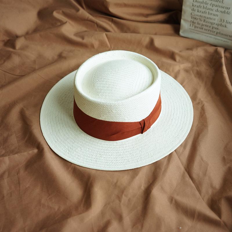 French Elegant Retro White Hand-Woven Flat Top Top Hat Women'S Summer Sunshade Vacation Foreign Trade Panama Straw Hat