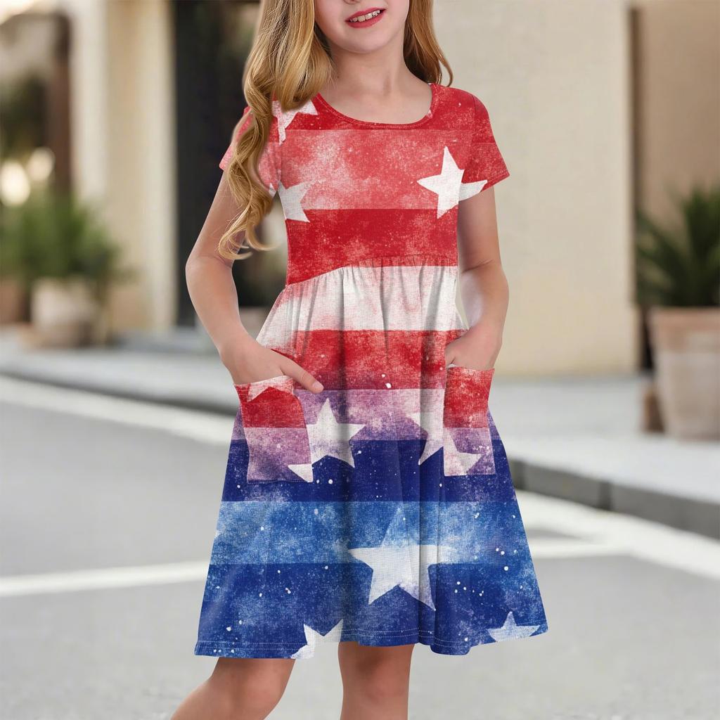 Children's Round-Neck Short-Sleeved Princess Dress Fashionable And Casual Pocket Girl Independence Day Dress