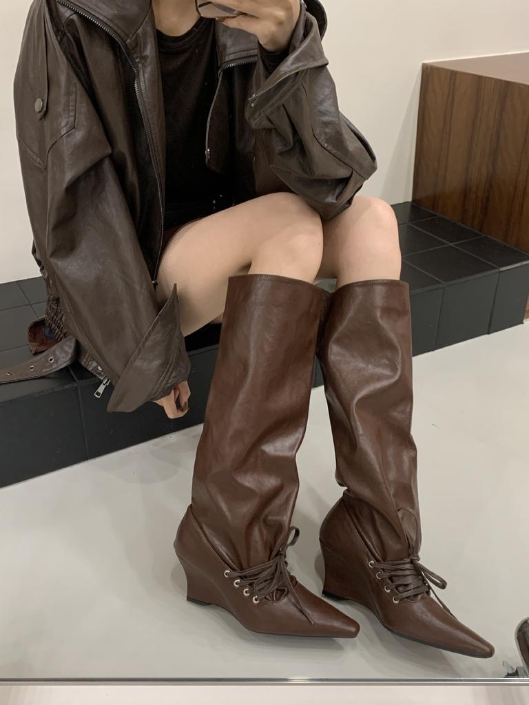 Vintage Western Pile Boots Women's 2025 Summer New Square Head Slope Heel Wide Tube Lace-up Folded Calf Boots