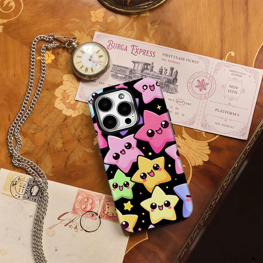 Kawaii Smiley Star Phone Case for IPhone 17AIR 16E 16 15 14 13 12 11 17 Pro Max Plus Double-layer Back Cover