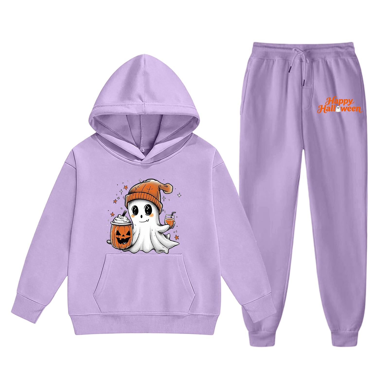 Kids Halloween Hoodie and Pants Set Ghost Print Pullover Sweatshirt with Hooded Top and Elastic Waist Bottoms for Boys and Girls 120 фиолетовый