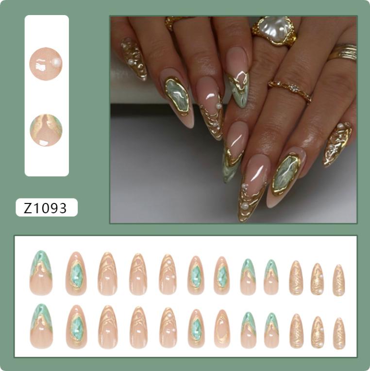 French Style Art Nail Patch 3D Flower Gold Line Fake Nails Reusable Nail Tips For Women Diy Manicure Accessories