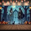 Skeleton Banner Pumpkin Decoration Gothic Decor Spooky Decoration Illustrated Art Graveyard Backdrop For Indoor Decoration