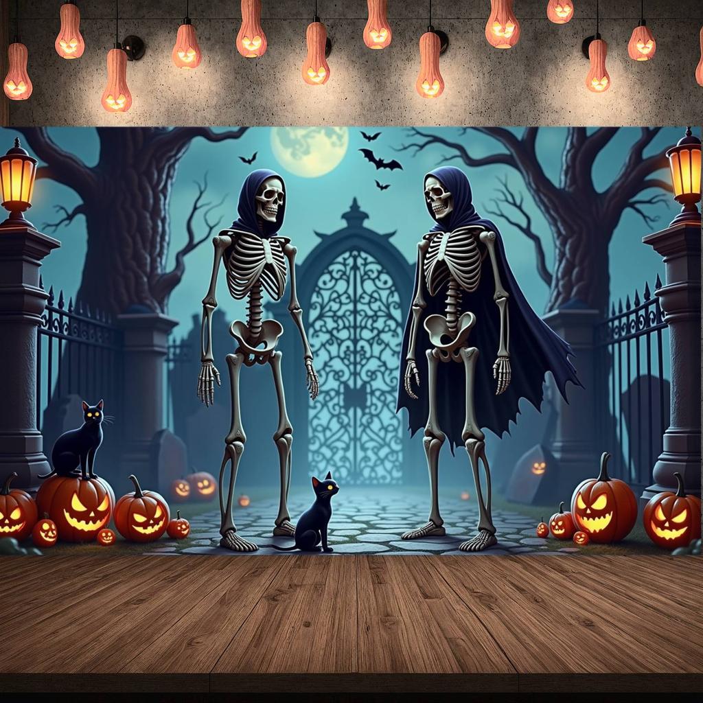 Skeleton Banner Pumpkin Decoration Gothic Decor Spooky Decoration Illustrated Art Graveyard Backdrop For Indoor Decoration