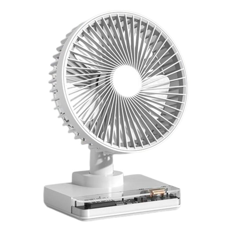 Desktop Clock Fan 90 Egree Shaking Head Height Wind Speed Adjustable 3600mAh Type-C Chargeable Light Portable Fan