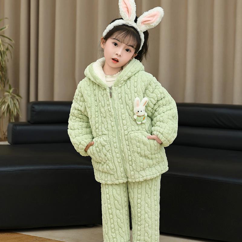 Girls' Cartoon Fleece-Lined Pajama Set - Warm Winter Wear for Babies & Kids