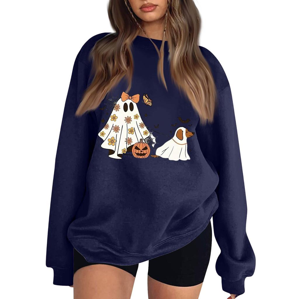 Women's Neck Long Sleeve Loose Fit Casual Sweatshirt Pullover Top with Halloween Print