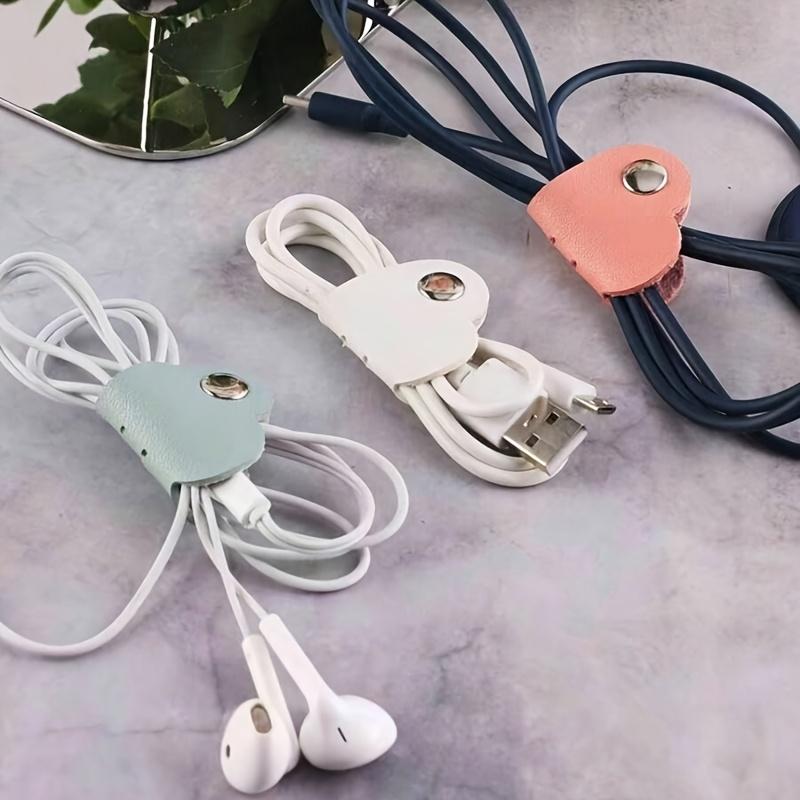 10Pcs Heart Shaped PU Leather Cable Storage Organizer Straps Earphone Cord Management Winder Ties