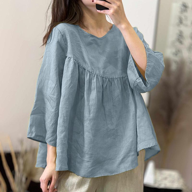 ZANZEA Women Casual Round Neck Solid Color 3/4 Sleeve Loose Blouse