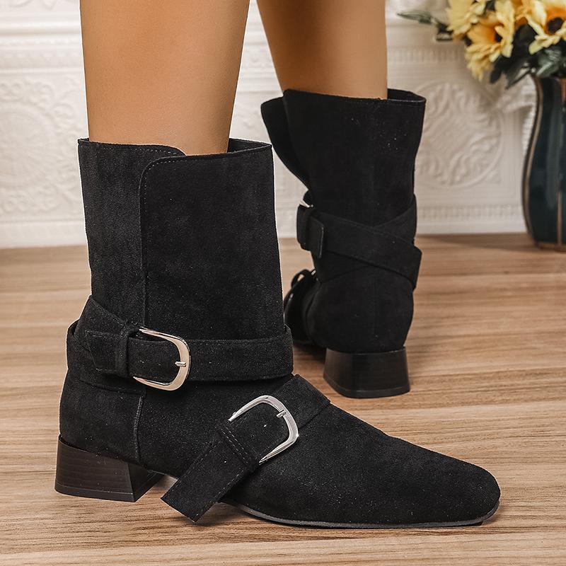 Fashion Buckle Belt Decor Thick Heels Ankle Boots Women Autumn Winter Pointed Toe Riding Boots Woman Slip On Faux Suede Booties