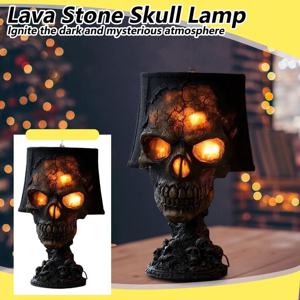 Halloween Lava Stone Skull Figurine Table Lamp Aesthetic Desk Lamp Spooky LED Desk Light Gothic Night Light for Party Mantel Dec