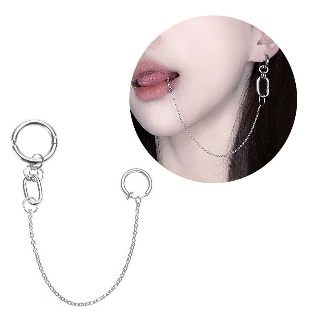 Fake Lip Ring with Long Chain Lip Clip Fake Piercing Gothic Ear Pierc Jewelry